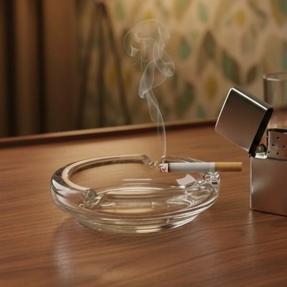 Classic Round Ashtray, 3‎ Notch Design, Thick Clear Glass, Smoking Accessory
